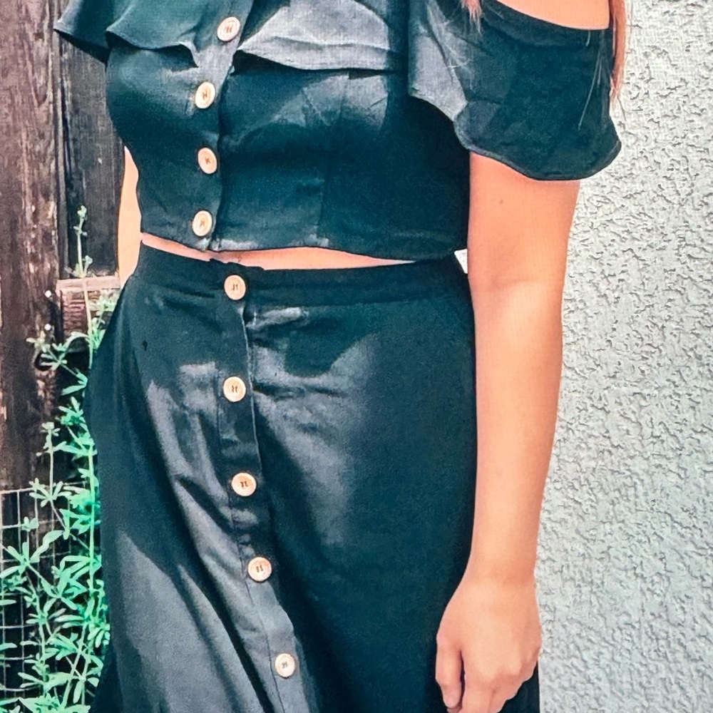 Black Off-Shoulder Buttoned Crop Top and Skirt Set